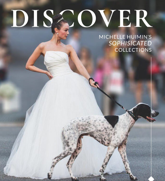 bride walking with her dog on a magazine looking cover